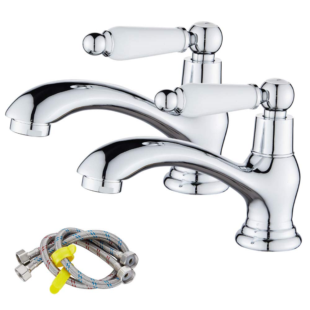 Maynosi Bathroom Basin Pillar Taps, Pair Basin Sink Taps with Dual Ceramic Levers, Traditional Faucet for Washroom, 1/4 Turn, Include Flexible Hoses, Solid Brass, Chrome Finished