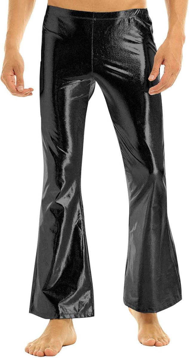inhzoy Mens Shiny Metallic Fashion Dance Pants Holographic Disco Flared