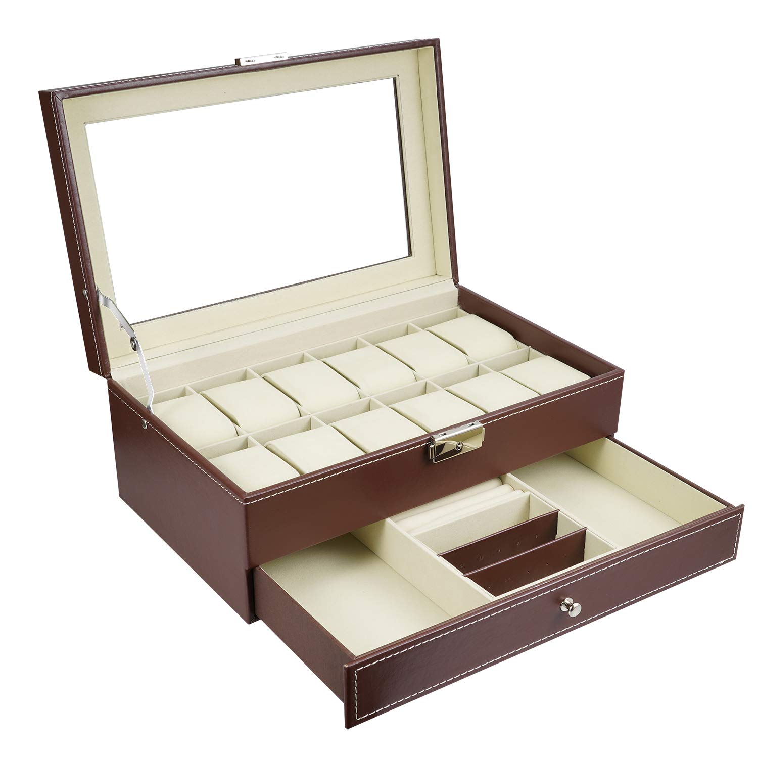 autumndeer 12-Slot Watch Box with Clear Lid, Faux Leather Watch Display Storage Organizer, Lockable Watch Box with Clear Lid & Jewelry Drawer, 2 Layers Watch Case for Men & Women - Brown