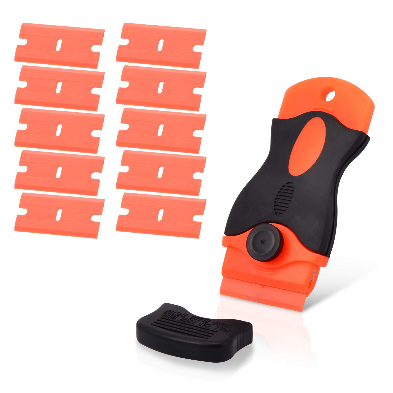 Ehdis Plastic Scraper with 10 Plastic Razor Blade, Adhesive Remover, Sticky Remover for Removing Lable, Glue, Decal in The Glass, Window, Floor, Orange