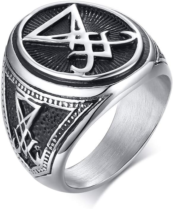 Mens Ring Stainless Steel Sigil of Lucifer Seal of Satan Devil Occult Symbol Signet Band,Size 8-12