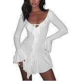 HUXRAKV Womens Sexy Slim Ruffle Long Sleeve V-Neck with Tie Bodycon Tunic Mini Dress for Cocktail Clubwear Party Dresses
