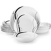 VEWEET Porcelain Dinnerware Sets for 6, 18 Pieces Plates and Bowls Set with Black and Grey Ribbon Lines, Dishes Set Dining Ware for Dinner, Microwave and Dishwasher Safe, Series FIONA