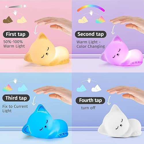 Night Light for Kids,16 Colors Cat Lamp Cute Lamp,Dimmable Baby Night  Lights for Nursery,Silicone Rechargeable