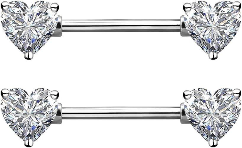 OUFER 2PCS 14G Surgical Steel Nipple Rings Barbell Heart CZ