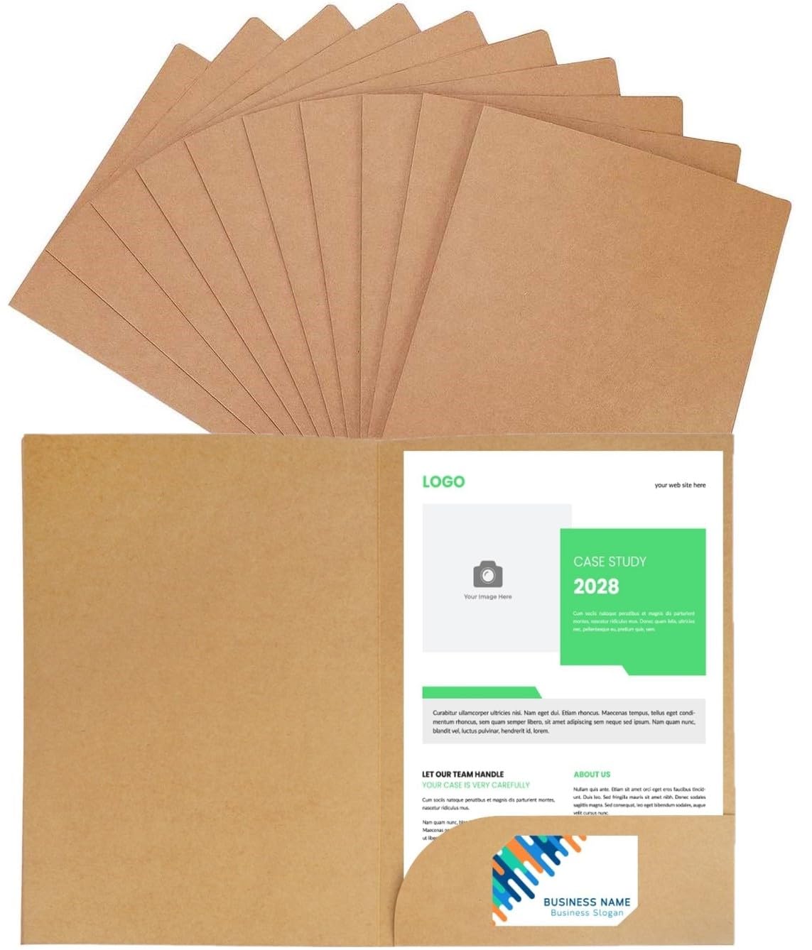 LATERN 10Pcs A4 Document File Folder, Kraft Paper Square Cut Folders Insert Presentation Paper Holder Storage Pouch Portfolio Paperwork Organizer with Cards Slot Folders for Office School (Khaki)