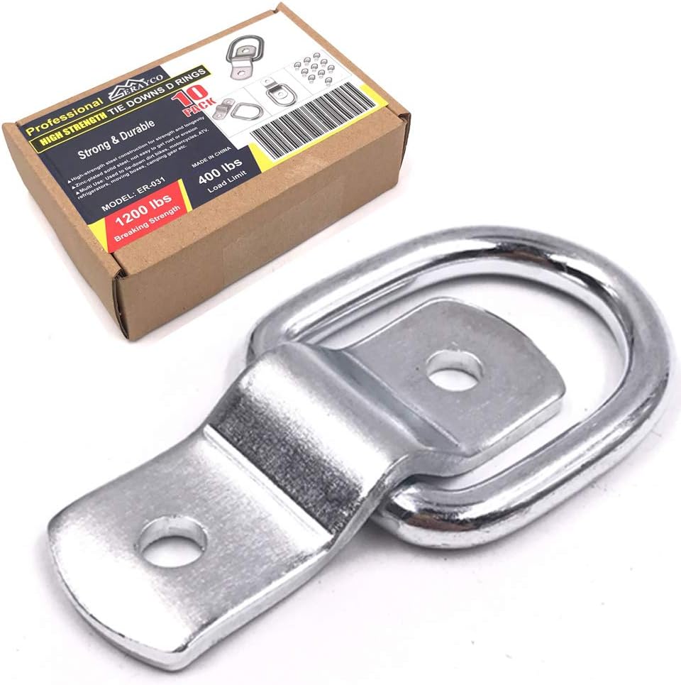 Erayco 10-Pack D Rings, 1/4 Heavy Duty Steel Tie Down Anchors for Loads on Trucks, Trailers, Boats, RV Campers, Vans; Strong D Ring Tie Downs for Kayaks, Motorcycles, Deliveries, ATVs