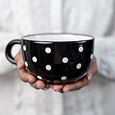 City to Cottage Handmade Ceramic Designer Black and White Polka Dot Cup, Unique Extra Large 17.5oz/500ml Pottery Cappuccino, Coffee, Tea, Soup Mug | Housewarming Gift for Tea Lovers