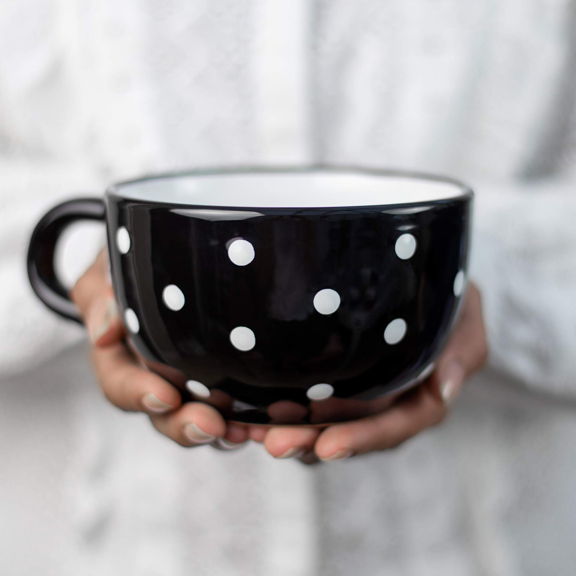 City to Cottage® Black and White | Polka Dot Spotty | Designer Handmade Hand Painted | Unique Ceramic Extra Large 17.5oz/500ml | Cappuccino Coffee Tea Soup Mugs Cups with Handle | Gift — image 1