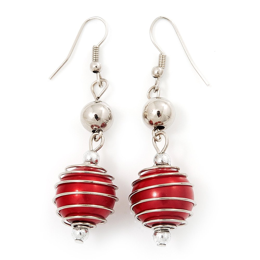 Silver Tone Bright Red Faux Pearl Drop Earrings - 5.5cm Drop