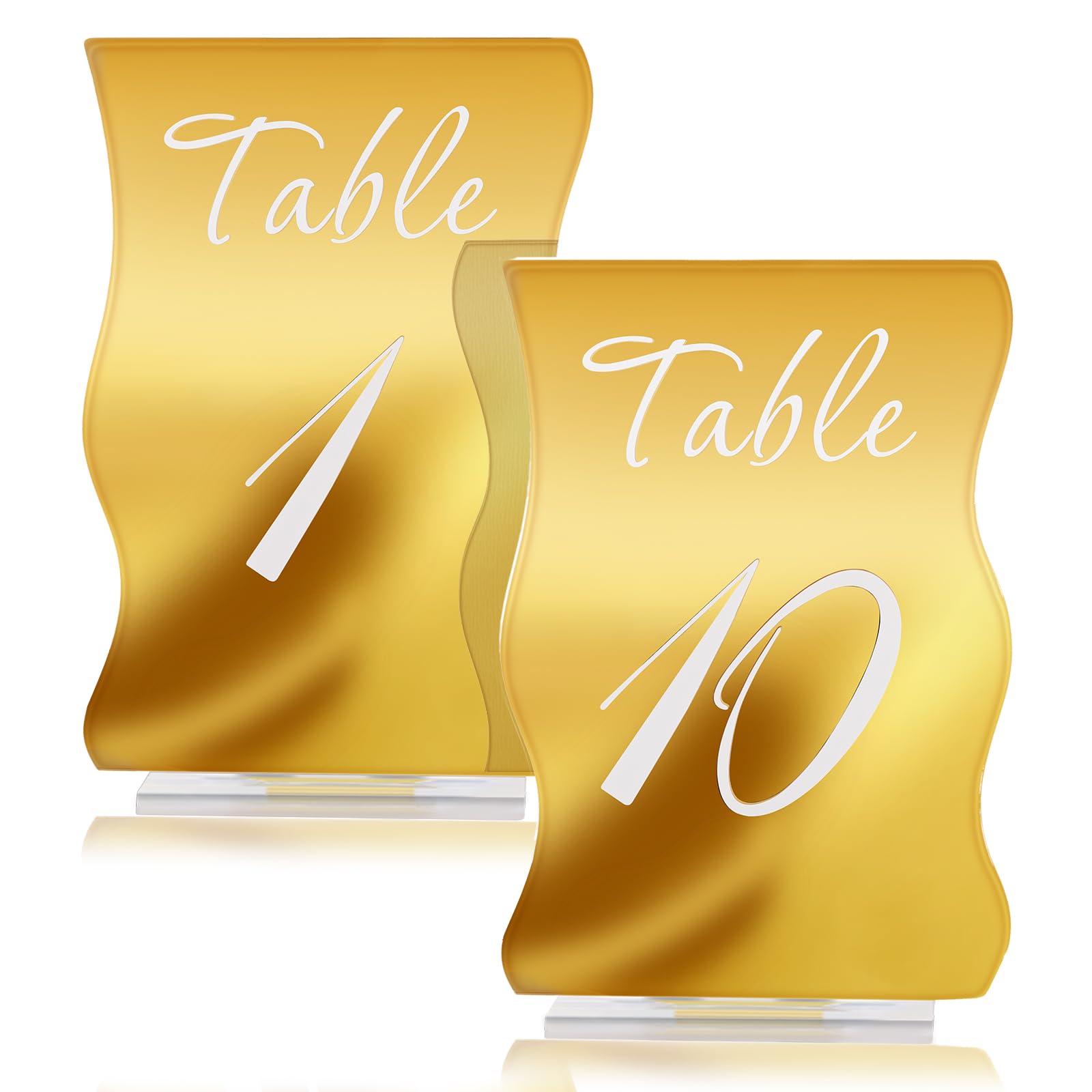 Photo 1 of SEAVYHILLY Gold Table Numbers 1-10 with Stands Holders 4.5""x6.7"" Wave Shape Elegant Wedding Acrylic Table Numbers Large Modern Mirror Table Number Signs for Party
