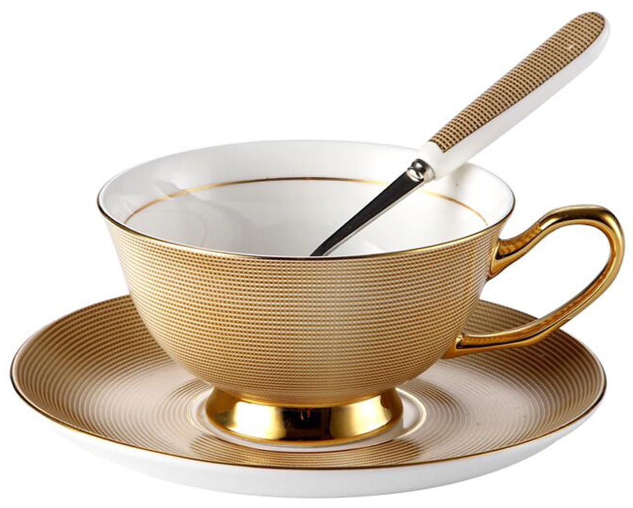 Eplze Bone China Cup and Saucer Set, 6.8oz Coffee Cup for Afternoon Tea- Embossed Texture (Gold)