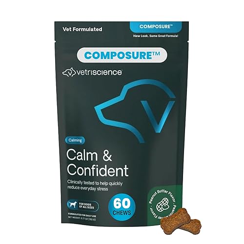 VetriScience Calm & Confident Chews, Composure Clinically Tested Anxiety and Calming Chews for Dogs, Reduce Stress, Ideal for Thunderstorms, Fireworks and Travel, Peanut Butter, 60 Count