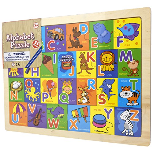 Wooden Alphabet Puzzle Board - Toddler Learning ABC Toy Smart Visual Game with 26 Large Size Pictures, Words and Letter Blocks for Kids Boys Girls Entertaining and Fun To Teach and Learn - Thumbnail 5