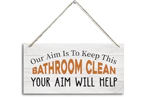 HALUOSI Rustic Wooden Sign, 12 x 6 inches, Our Aim is to Keep This Bathroom Clean, Wall Mount, Brown