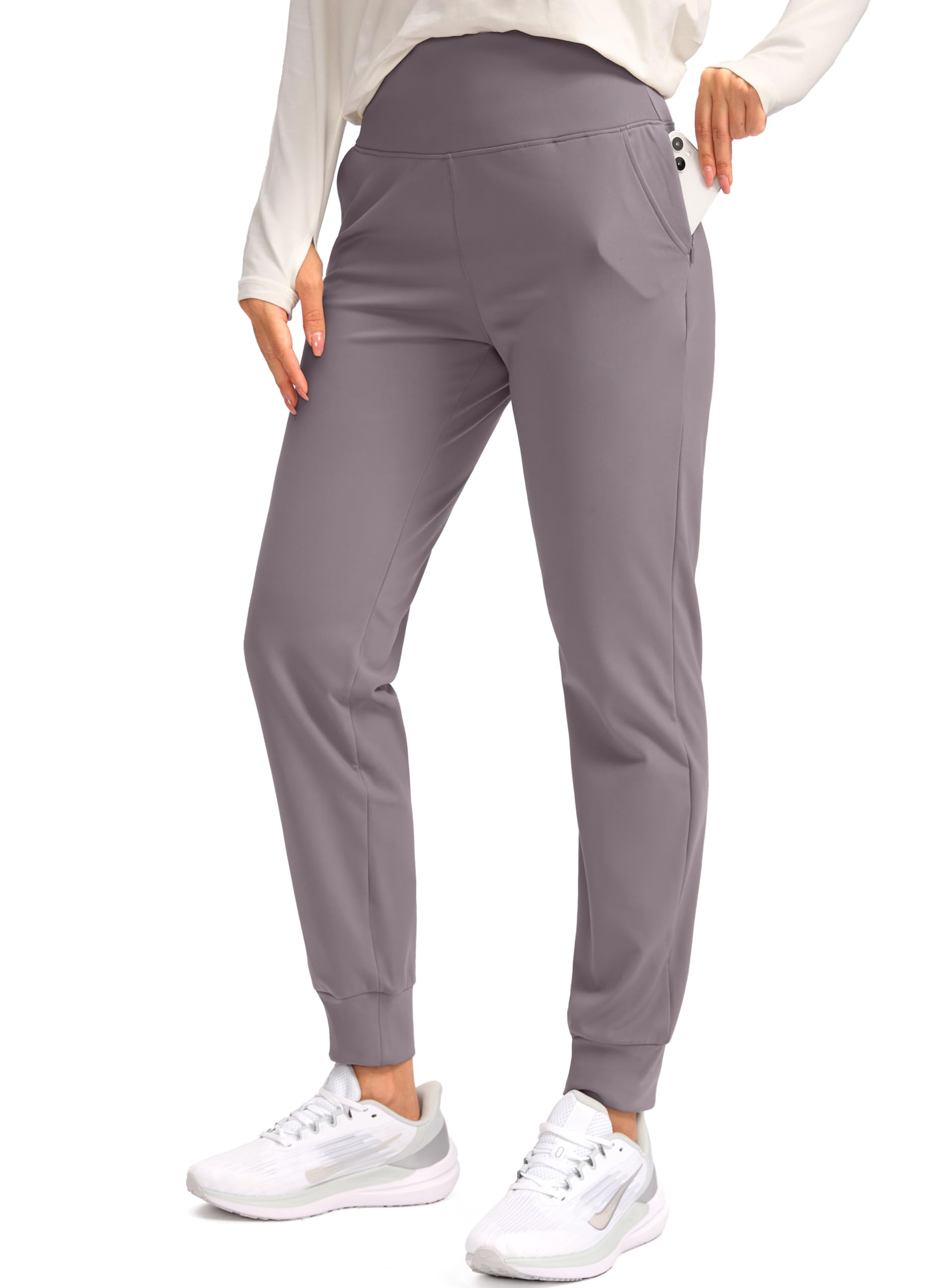 SANTINY Women's Fleece Lined Joggers Water Resistant High Waisted Thermal Sweatpants Winter Pants Hiking Running Pockets(Dusty Grey_S) Image