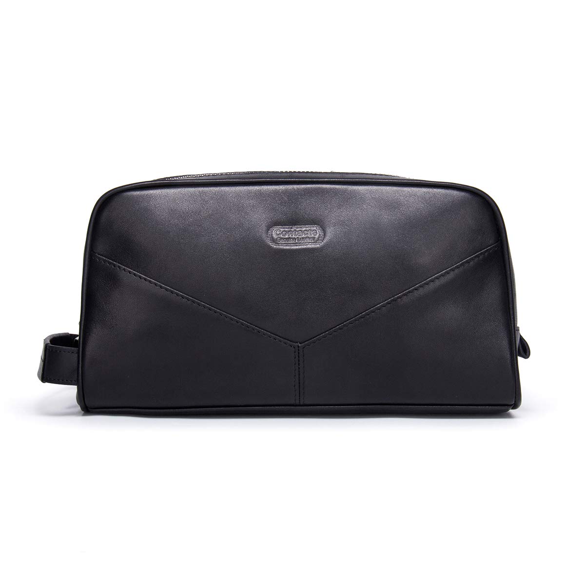 Contacts Genuine Leather Toiletry Bag Zipper Dopp Kit Travel Handbag Clutch Overnight Wash Gym Shaving Bag for Men/Women (Black)