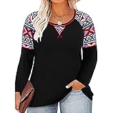 TIYOMI Plus Size T Shirt Tunic Tee Long Sleeved t Shirt Round Neck Raglan Color Block Tshirt Colorful Fall Autumn Winter Tee