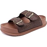 KuaiLu Womens Sandals with Arch Support Comfortable Orthopedic Cushion Recovery Slides Summer Fashion Leather Double Buckle Casual Slip On Plantar Fasciitis Shoes for Indoor&Outdoor (US Size 6-12)