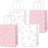 12Pcs Pink Bow Flower Party Favor Bags Bow Floral Themed Goodie Bags Candy Bag for Birthday Bachelorette Party Decor Coquette Bows Gift Treat Bag with Handle for Bridal Engagement Baby Shower Supplies