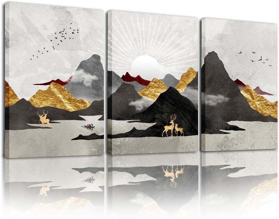Abstract Wall Art for living room wall decorations for bedroom Canvas art Prints bathroom Wall Decor Black and white Mountain paintings Sunrise and Sunset pictures Artwork 3 Pieces Office decoration
