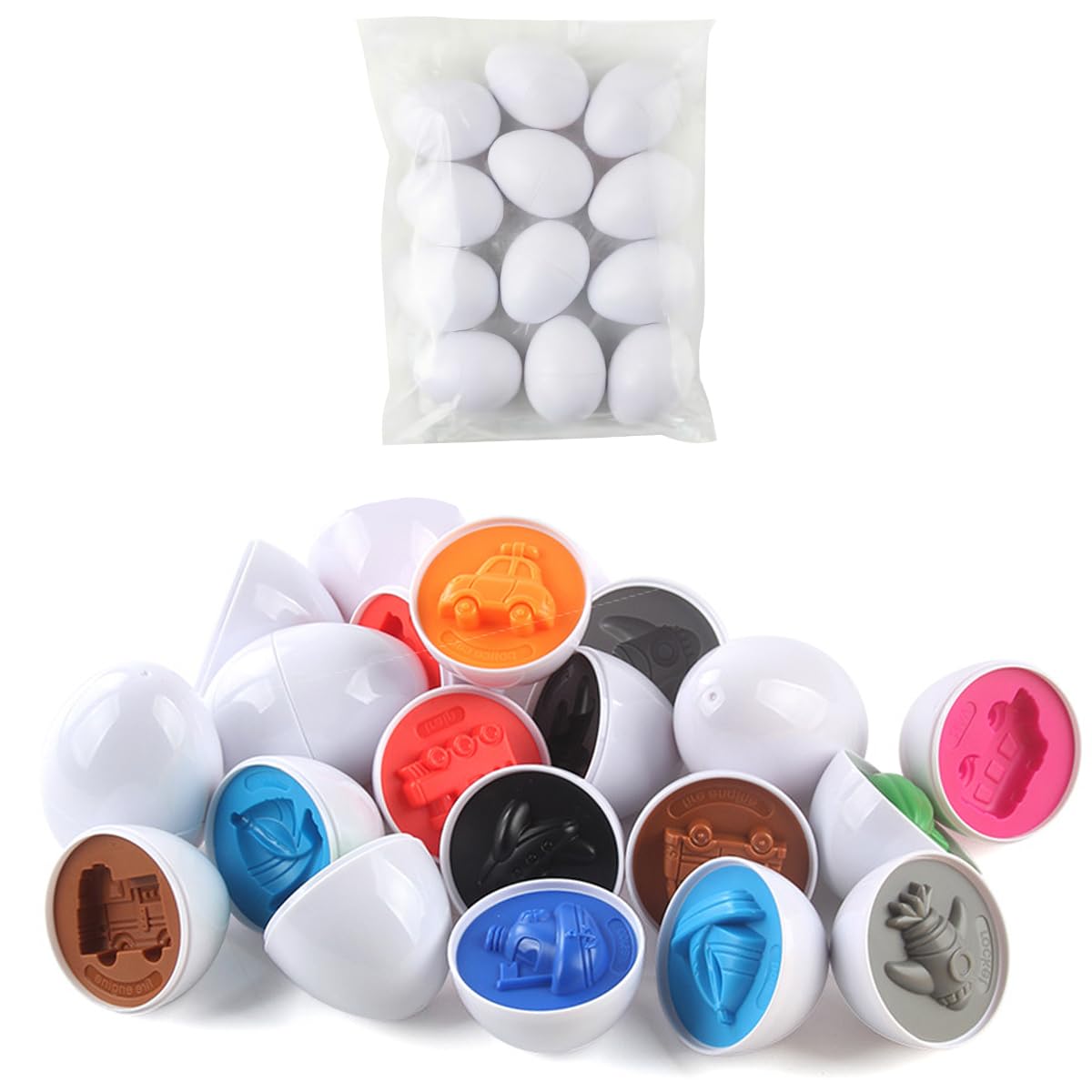 Matching Eggs for Toddlers, 12 Pcs Plastic Easter Eggs Toys Color & Transportation Shape Recoginition Sorter Puzzle Montessori Sensory Educational Puzzle for 1 2 3 Year Old Kids Boys Girls