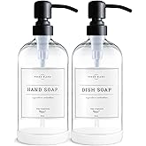 Vine Creations Clear Glass Soap Dispenser, 2 Pack Kitchen Soap Dispenser Set with Stainless Steel Pump, 16 oz Dish Soap and Hand Soap Dispensers for Bathroom with Waterproof Labels
