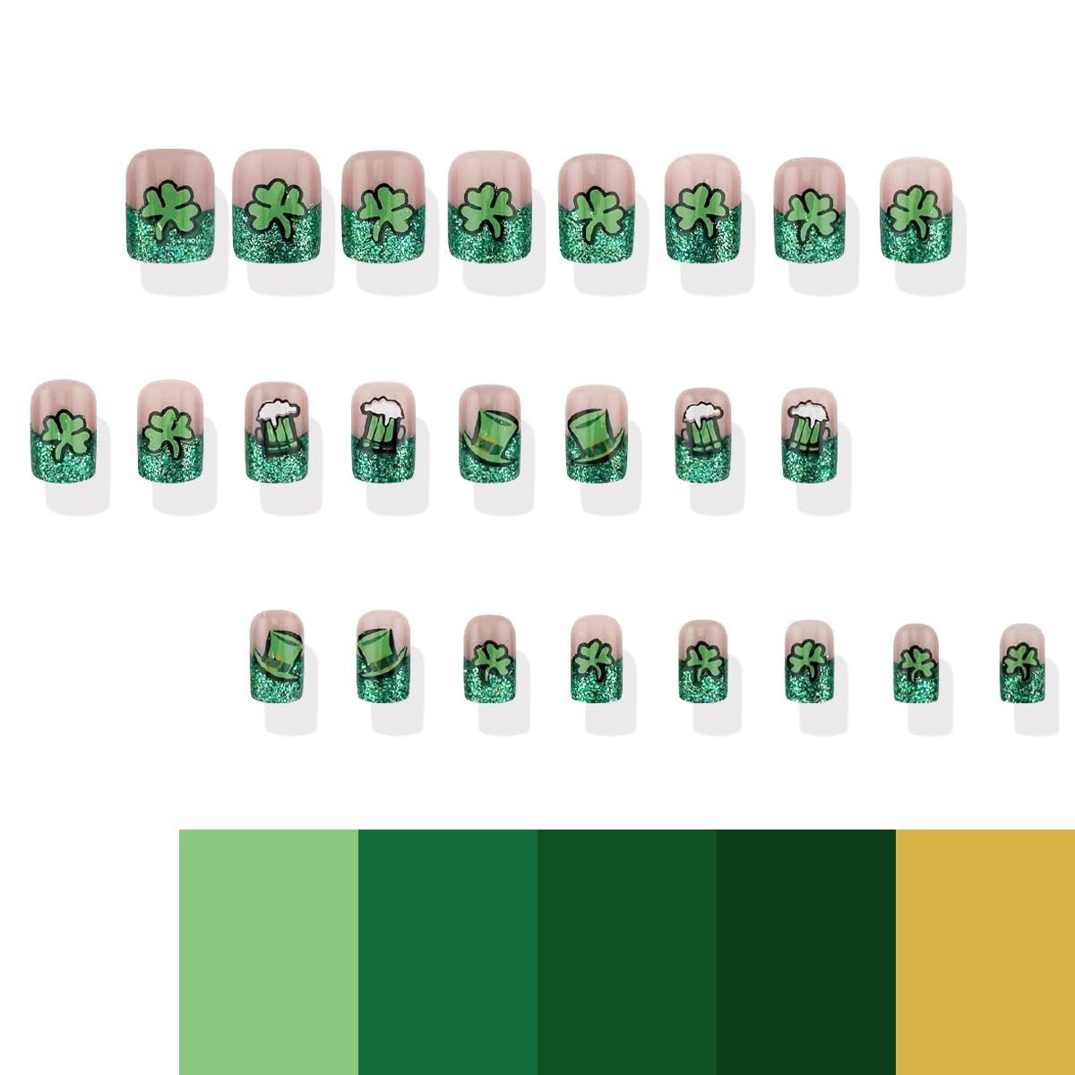 24Pcs St. Patrick's Day Press on Nails Short Fake Nails Lucky Shamrock Stick on Nails Green French Tip False Nails Coffin Shape Glue on Nails Irish Clover Acrylic Nails for Women Spring Holiday Nails - Image 7
