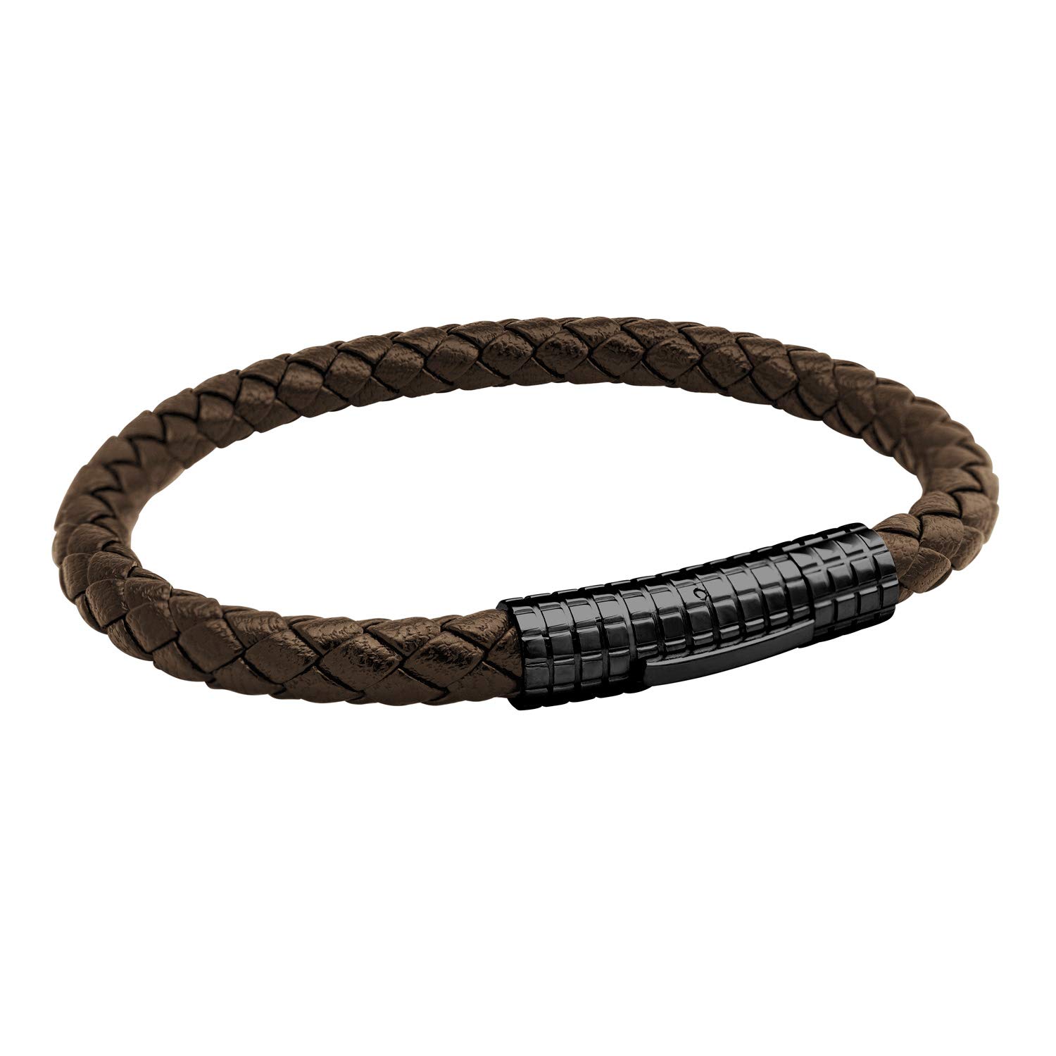 555Jewelry Mens Bracelets Leather and Steel Clasp, Braided Brown Leather Bracelets for Men, Mens Leather Bracelet, Men Bracelets, Brown, Black Clasp, 9 Inch