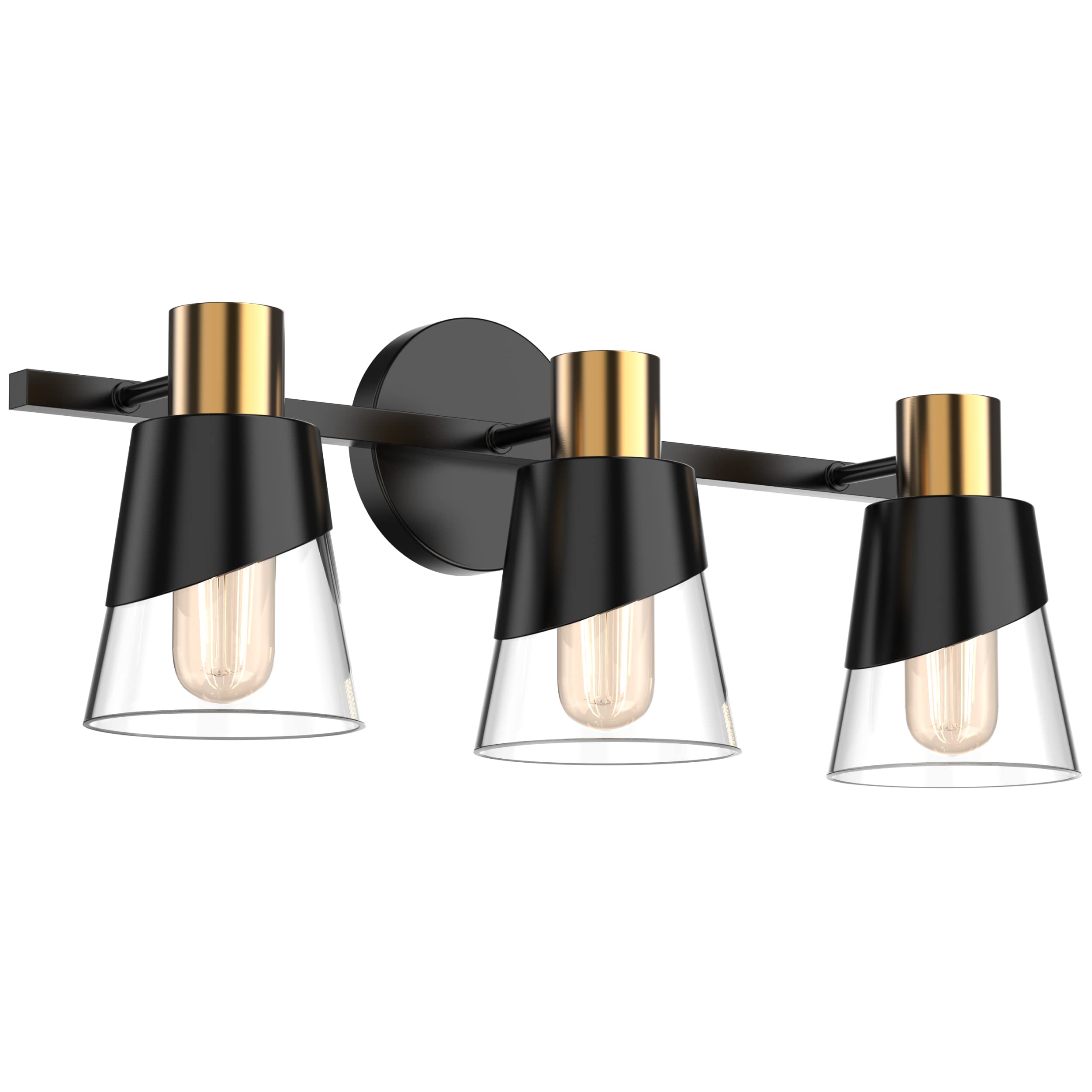 Photo 1 of URSOLA Bathroom Vanity Light, 3 Lights Bathroom Light Fixtures Over Mirror, 20.47 inch Bathroom Light Fixtures, Black and Gold Design with Bevelled Edge and Clear Glass Shade Wall Lamp