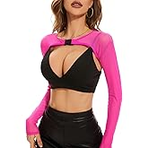 Century Star Mesh Crop Tops for Women See Through Shrug Long Sleeve Open Front Fishnet Cover Up Sexy Rave Outfits Sheer