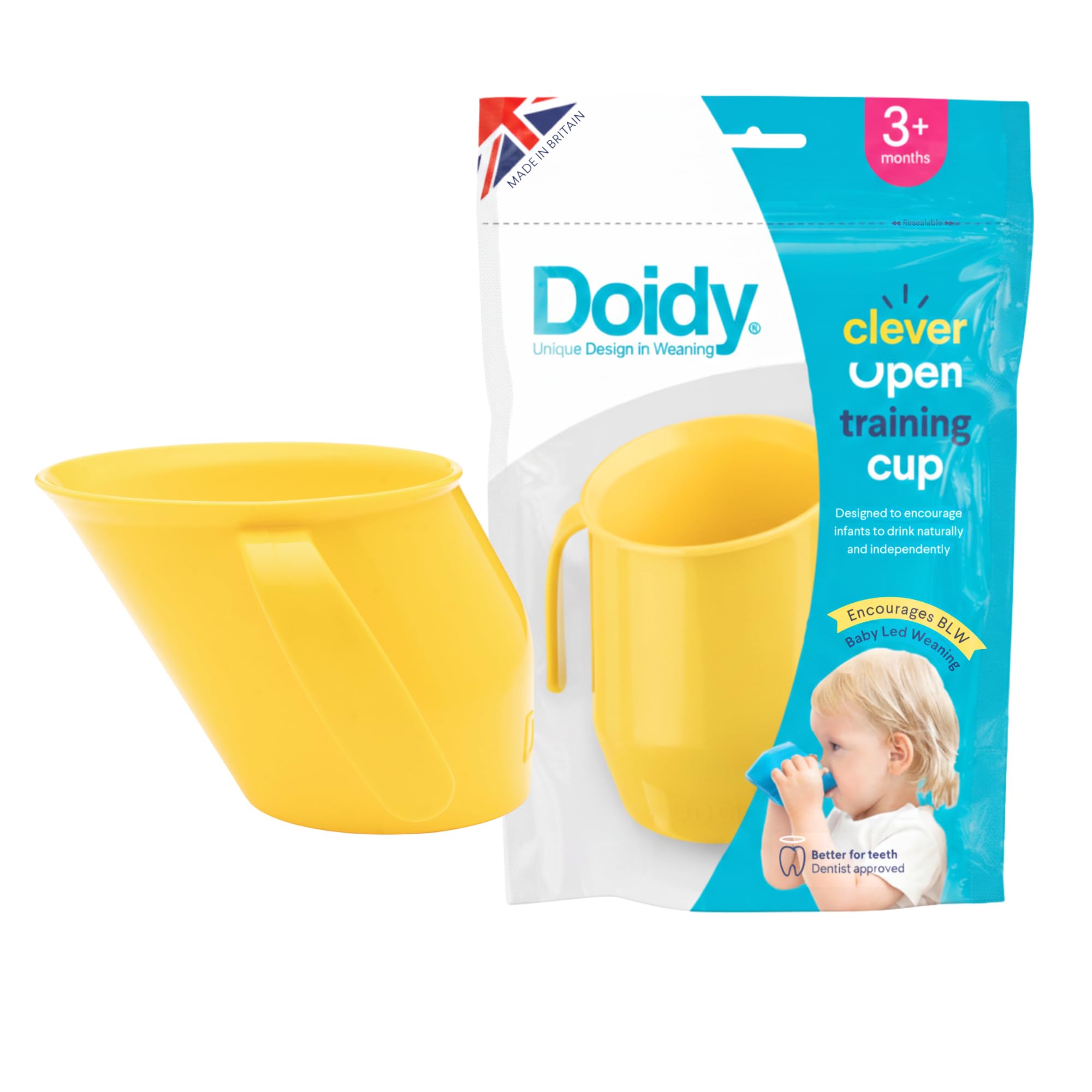 Doidy Cup, 3 Months +, Baby & Toddler First Open Beaker, Unique Slanted Design for Training & Learning to Drink, weaning Essentials for Milk & Water (Trainer Cup, Yellow)