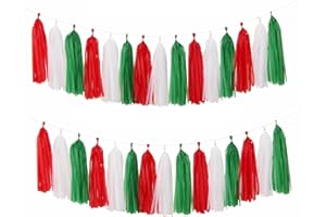 AIMTO Red,Green and White Tassel Garland Banner Paper Tassels for Christmas Party Decorations,Pack of 15