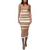 GarRela Women's Casual Striped Sleeveless Ribbed Knit Square Neck Summer Bodycon Tank Midi Dresses