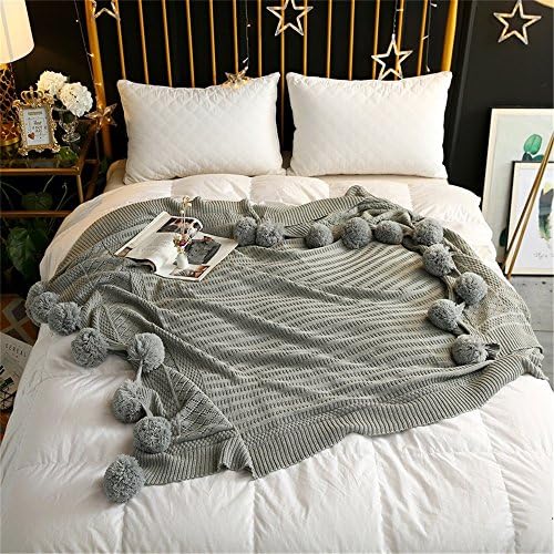 YEVEM Dark Grey Throw Blankets with Grey Pom Poms Handmade Cotton Cable Knitted Throw Sleeping Cover Bed Blanket for Kids Adults Bedroom Sofa/Bed/Couch/Car/Living Room/ Office, 59x78 Inch
