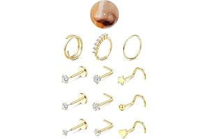 JeryWe Nose Rings for Women - 14K Gold Filled Hypoallergenic Surgical Steel Nose Ring Hoops CZ Lip Ring Screw L Shaped Studs Threadless Flat Back Stud Nose Piercings Jewelry for Women Men