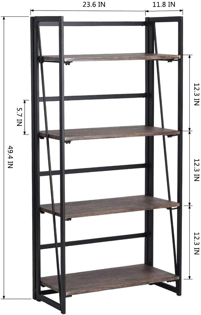 Coavas Folding Bookshelf Home Office Industrial Bookcase No Assembly Storage Shelves Vintage 4 Tiers Flower Stand Rustic Metal Book Rack Organizer, 23.6 X 11.8 X 49.4 Inches: Furniture & Decor