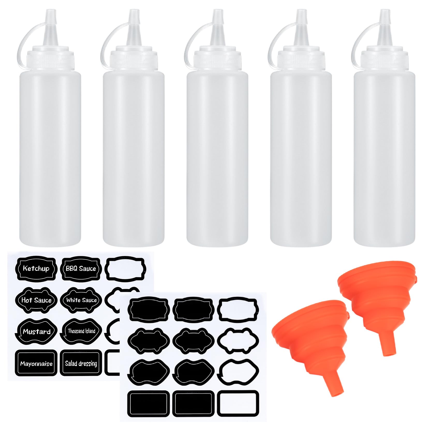 Squeeze Bottles 5 Pack, 250ml Sauce Bottles with 2 Labels & 2 Funnels, Clear White Condiment Dispenser for Kitchen, Dressing, Oil, Liquid