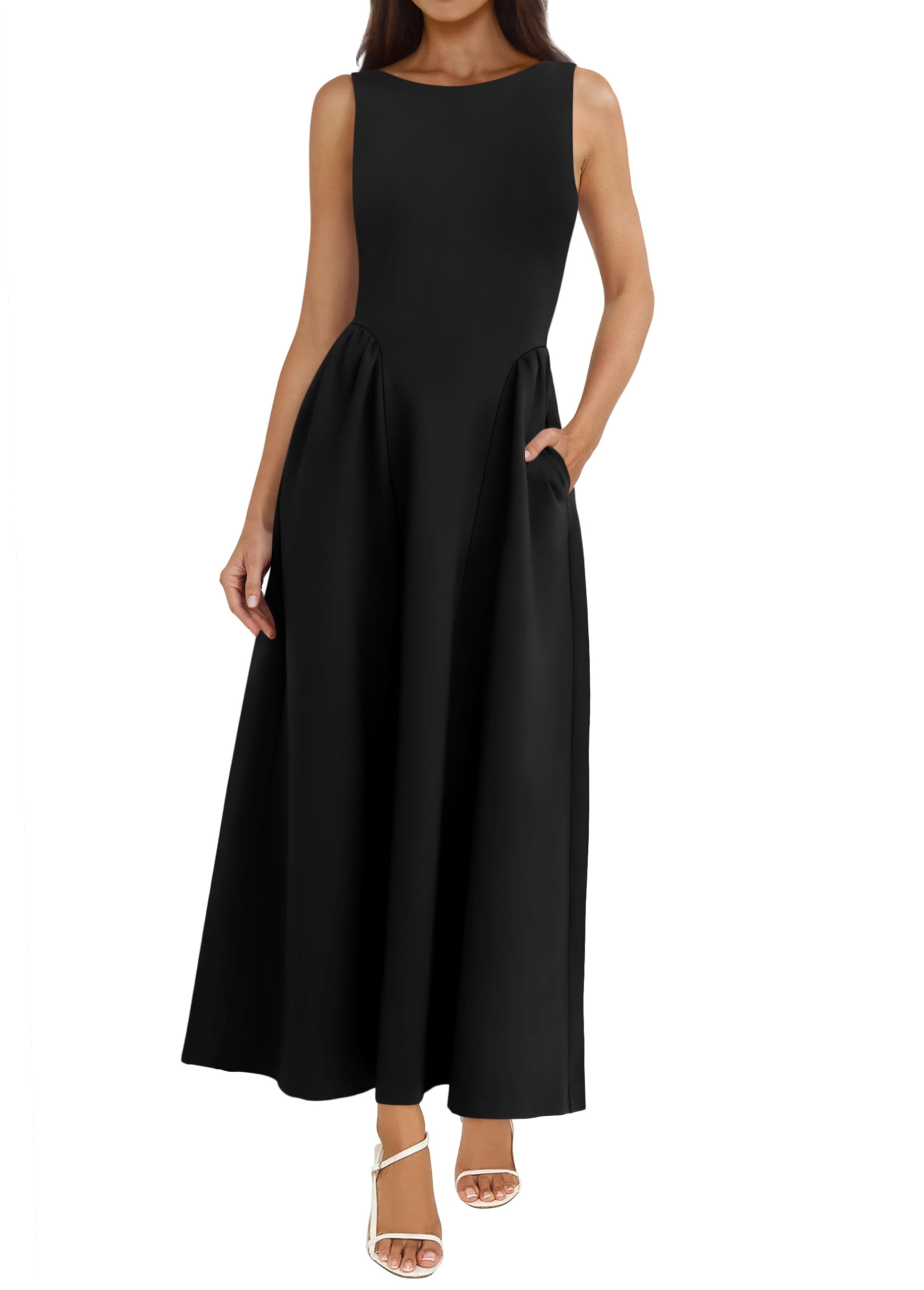 PRETTYGARDEN Summer Sleeveless Maxi Dresses for Women 2025 Elegant Classy A Line Tank Formal Midi Long Wedding Guest Dress(Black,Medium)