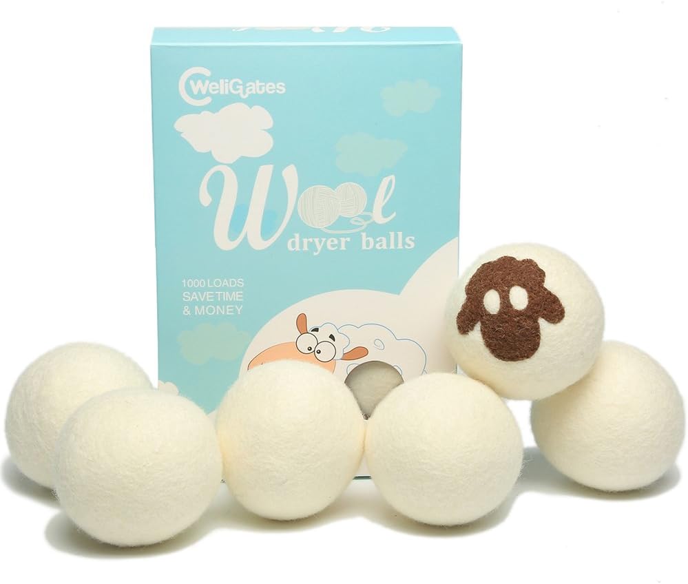 Wool Dryer Balls 6 Pack Organic - WeliGates XL for Essential Oils Hypoallergenic 100% Natural Fabric Softener Alternative Baby Safe & Unscented Reduce Wrinkles & Static Cling,Personalized Combination