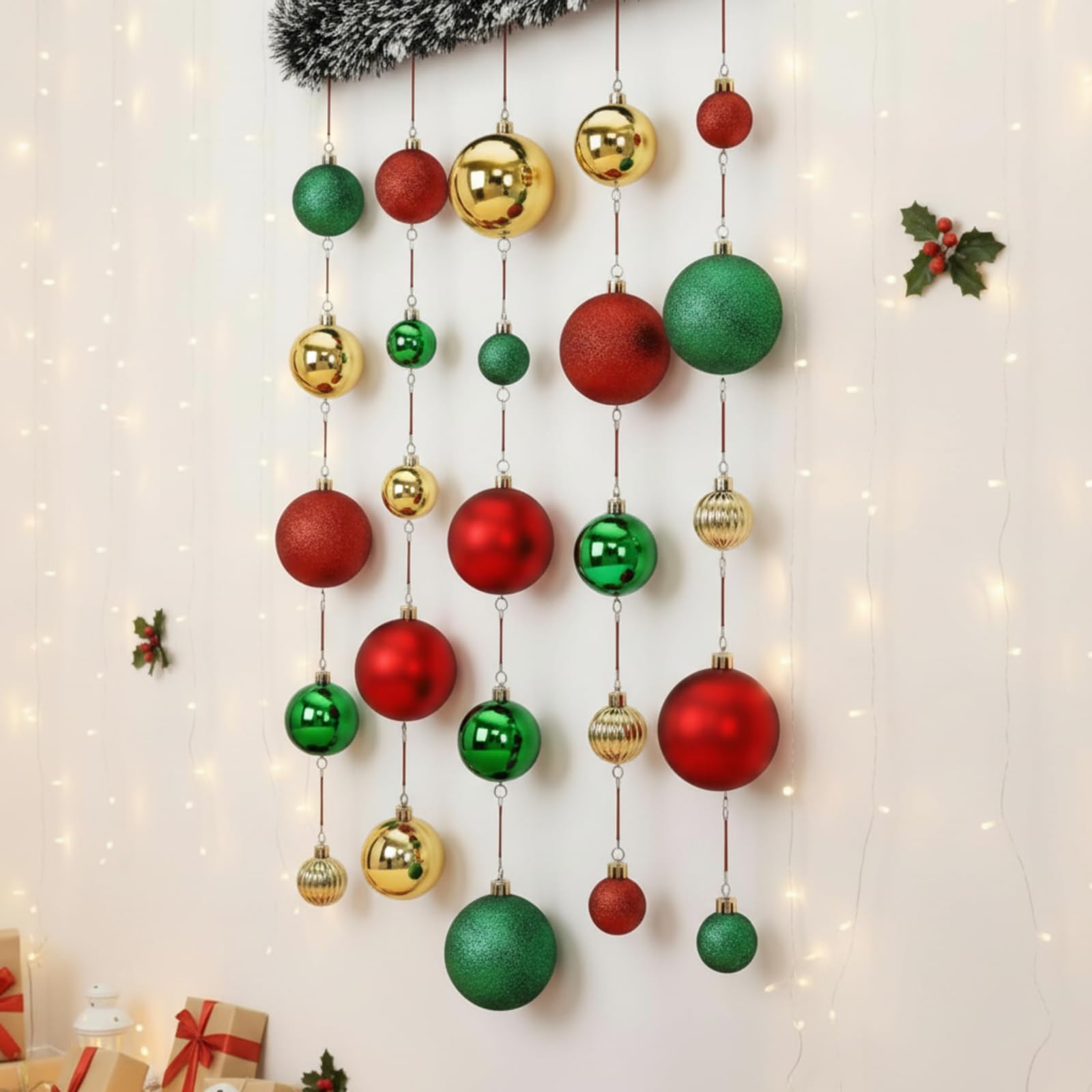 Photo 1 of 25 Pcs Christmas Wall Hanging Decorations Set 2025 Christmas Plastic Balls with Artificial Pine Garland Multicolor Xmas Wall Ornaments for Home Ceiling Indoor Holiday Party Supplies Decor