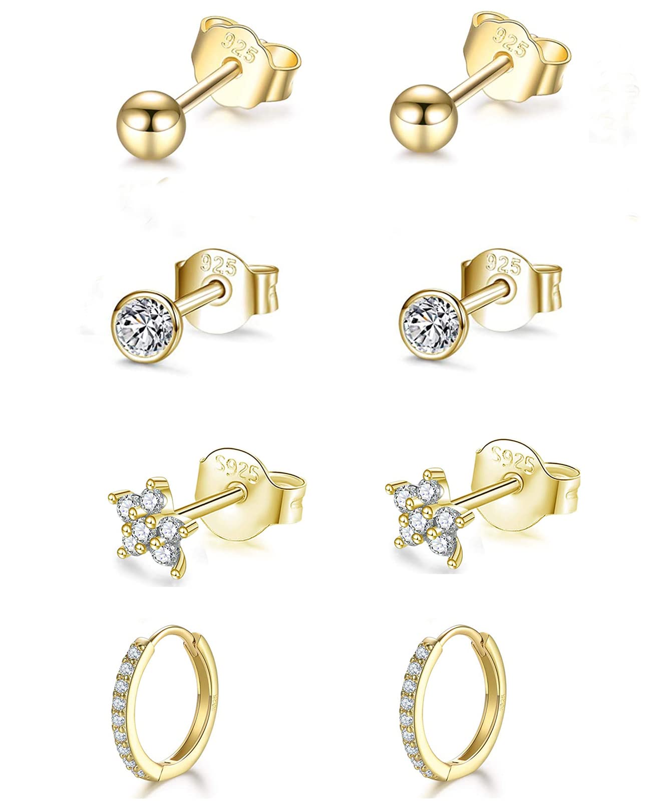 GULICX 14K Gold Plated Stud Earrings for Women Girls, Hypoallergenic Silver Hoop earrings and Stud Earrings set with Cubic Zirconia, Small Helix Cartilage Sleepers Flower Studs Hoops Piercing Earrings