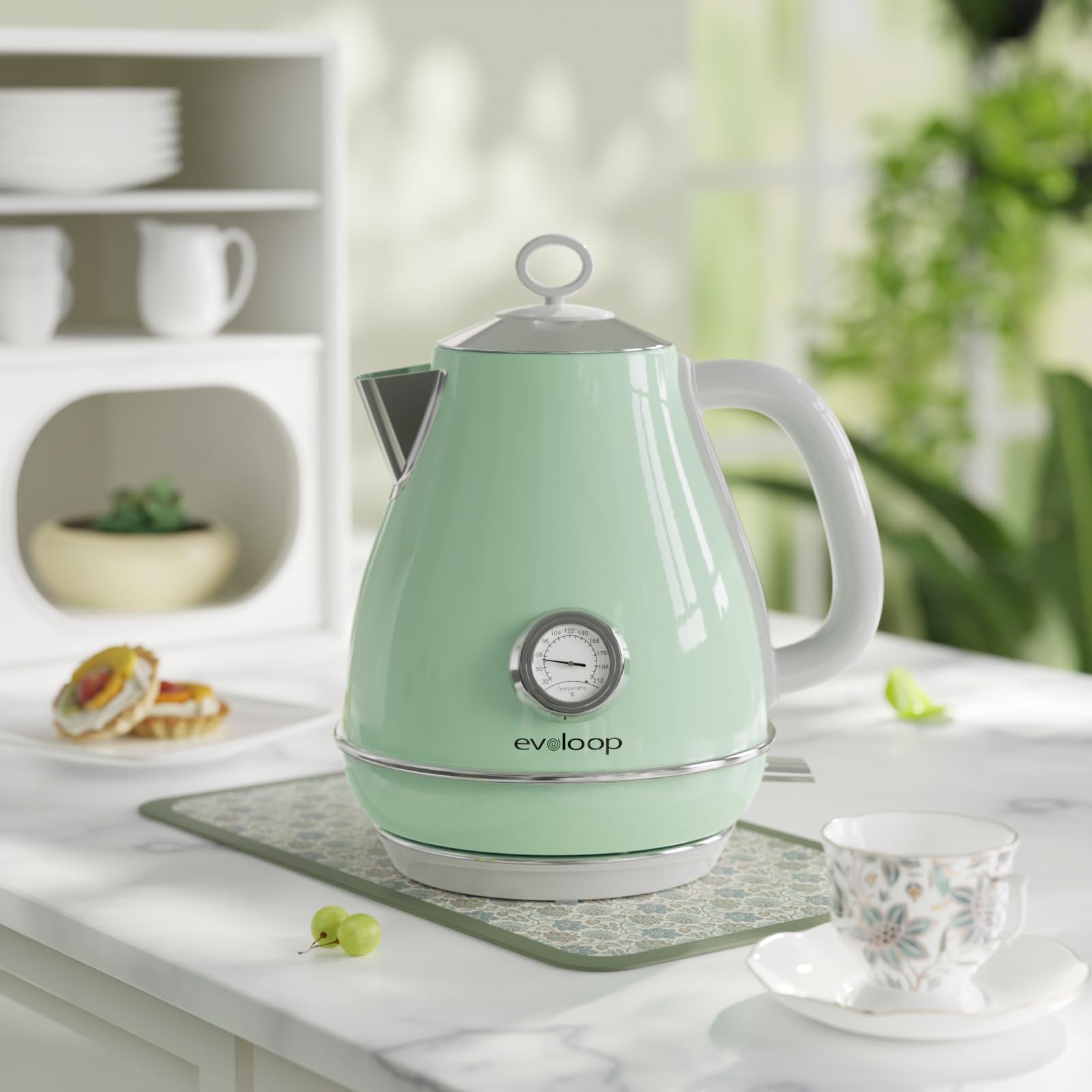 Evoloop Electric Tea Kettle, 1500W /1.7 Liter Hot Water Boiler Heater Pot, Retro Electric Kettle with Thermometer, Auto Shut-Off & Boil-Dry Protection, BPA Free,Stainless Steel Teapot