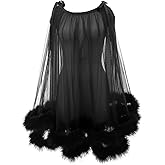 Molisa Sexy Tulle Feather Robe Sheer Mesh Fur Illusion Robe Nightgown Bridal Lingeries Gift Women Feather Trim Dress