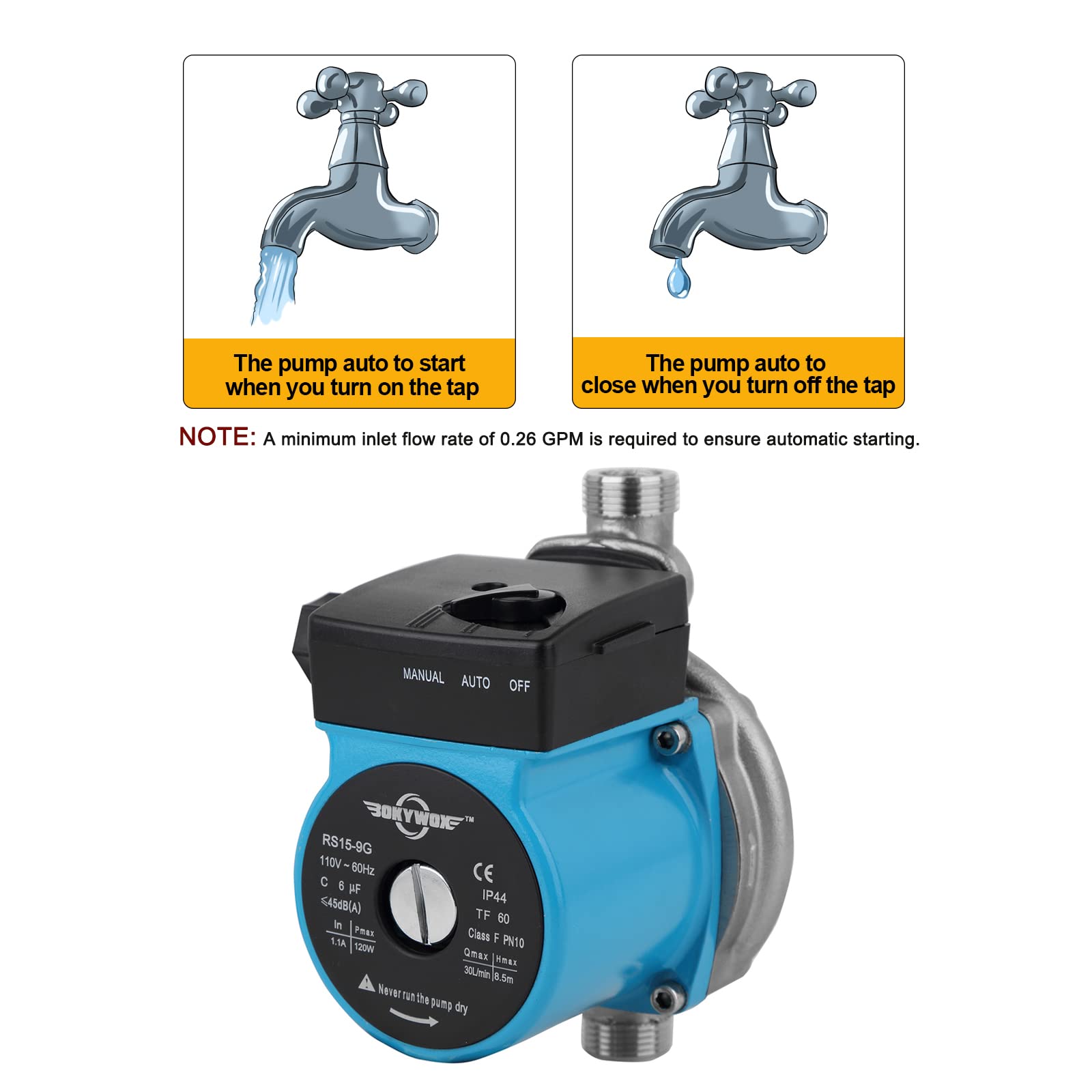 BOKYWOX 110V Food Grade Automatic Domestic Booster Pump NPT 3/4'' 120W Circulate Boost Pressure Water Pump for Solar Heater/Faucet Stainless Steel 304(RS15-9 SB)