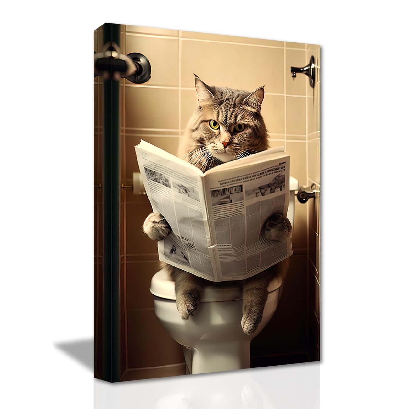LZIMU Cute Cat Wall Art - Sitting on Toilet Reading Newspaper, Canvas Prints, Funny Animal Bathroom Picture, Framed (Bathroom-5, 12"x18" (30.00 x 45.00 cms))