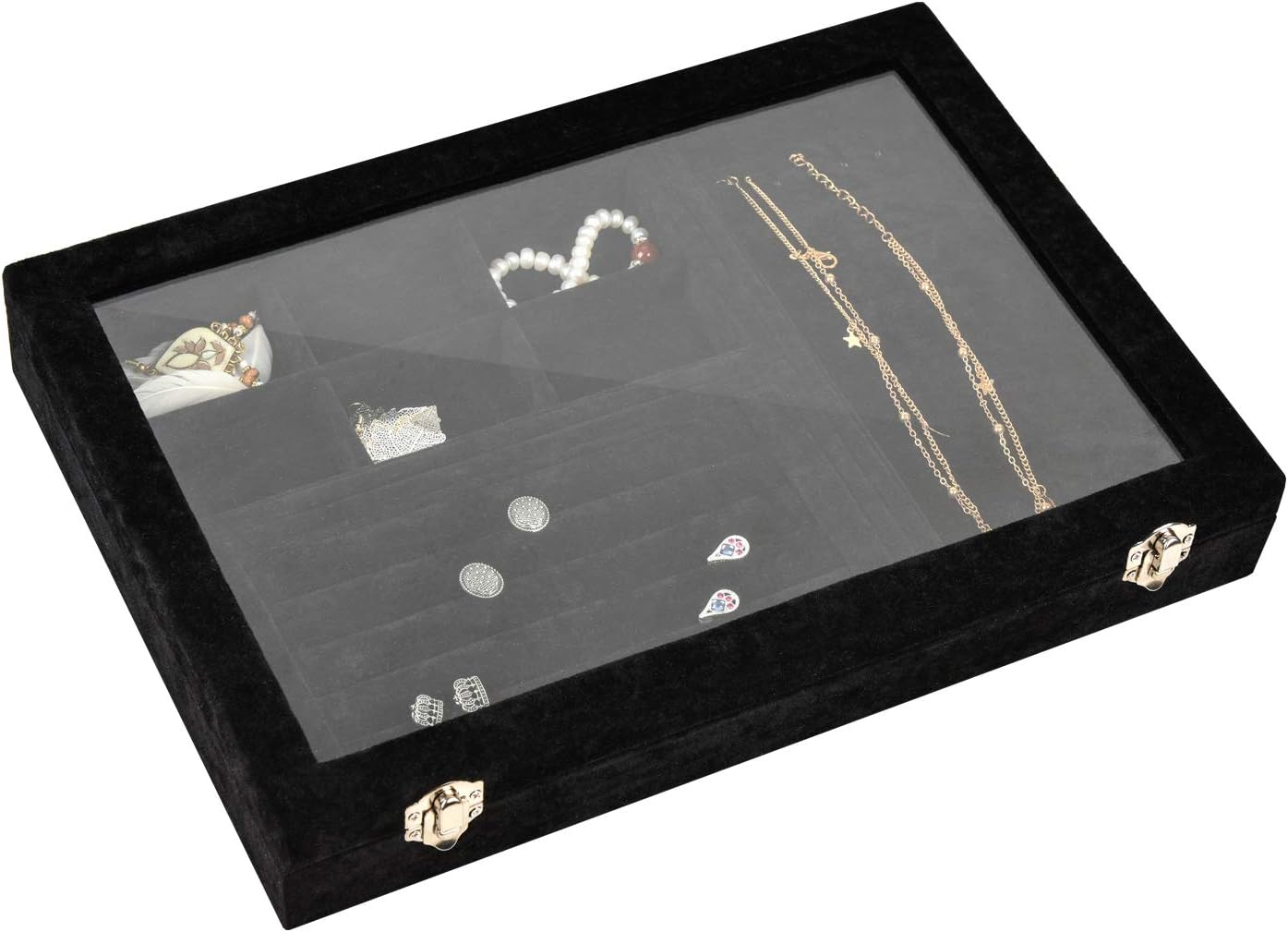 VIEFIN Velvet Stackable Jewelry Tray with Lid, Earring Drawer Insert Display Show Case, Dresser Organizer for Ring Stud, Necklace Holder Storage Box Chest,Black 4 in 1(with lid): Home & Kitchen