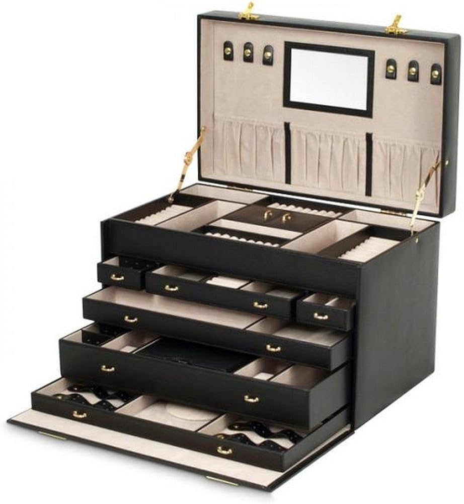 Large Mirrored Jewelry Box with 6 Divided Drawers, Removable Travel Case and Key