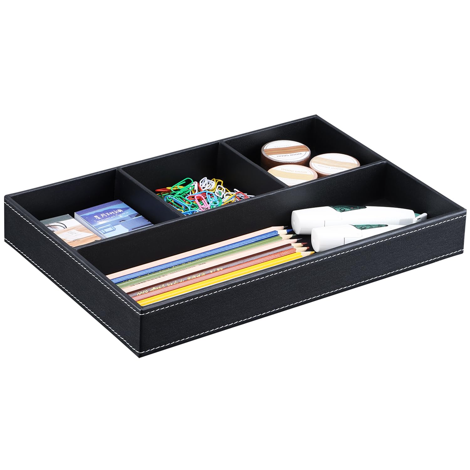 KINGFOM Leather Desk Drawer Tray Organiser, Black