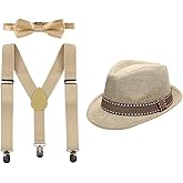IBTOM CASTLE Boys Kids 3PCS Suspenders Outfit Set Pre Tied Bow Tie Short Trim Fedora Hat for Party Wedding Girl 5-14T Clothes